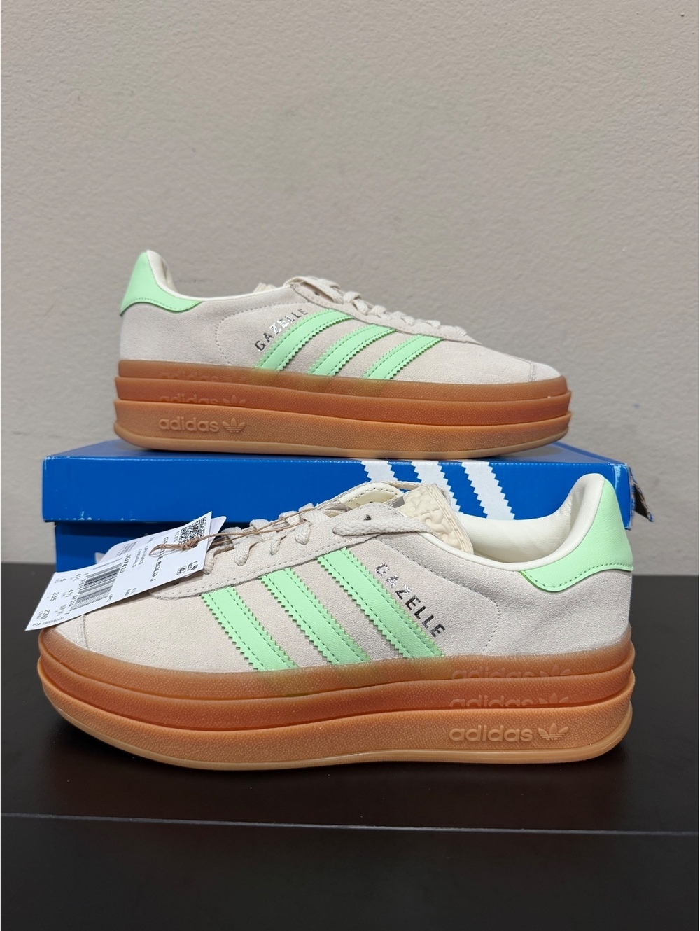 Size 5Y/6 Women - Adidas Gazelle Bold GS “Wonder White Semi Green Spark” - Picture 1 of 6